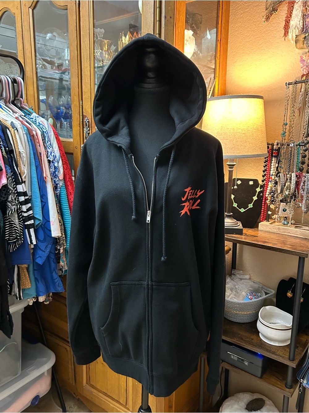 Jelly Roll Black Zip-Up Hooded Windbreaker with Red Logo